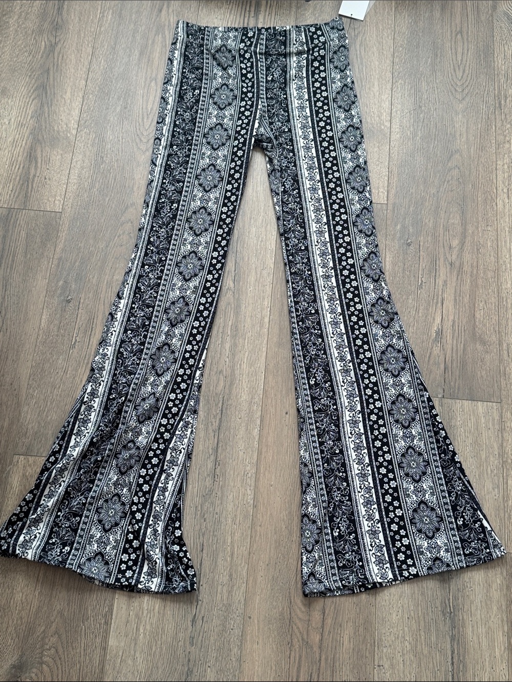 Vibe Sportswear Black & White Striped Floral Flare Pants